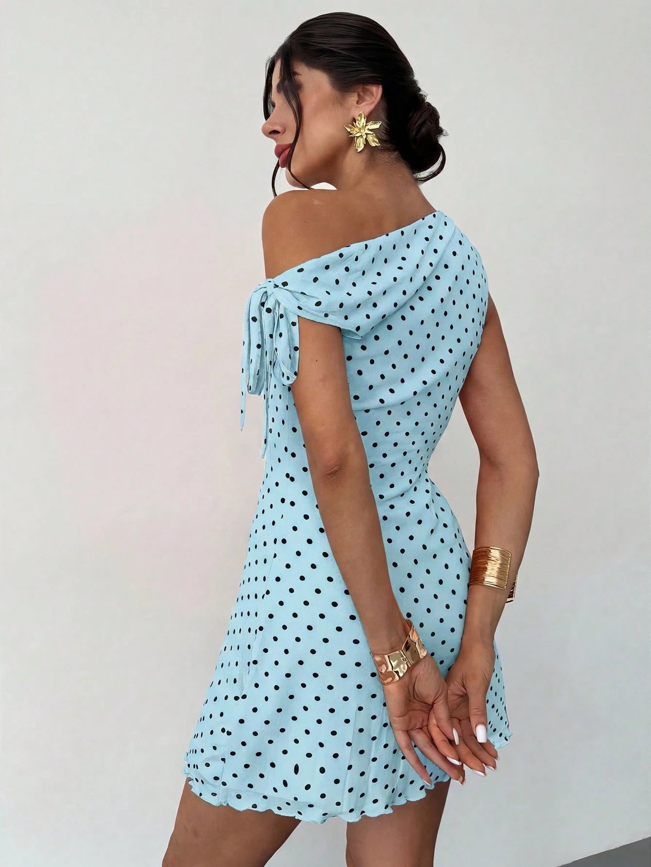 Firerie Women's Blue Polka Dot Summer 90s Retro Tea Party Dress,Asymmetrical Off-Shoulder Mesh Elegant Vacation Mini Dress,Beachwear,Hawaiian,Prom Dress
