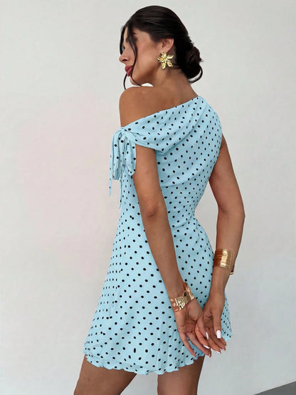 Firerie Women's Blue Polka Dot Summer 90s Retro Tea Party Dress,Asymmetrical Off-Shoulder Mesh Elegant Vacation Mini Dress,Beachwear,Hawaiian,Prom Dress