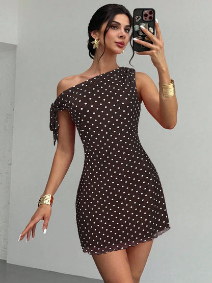 Firerie Women's Blue Polka Dot Summer 90s Retro Tea Party Dress,Asymmetrical Off-Shoulder Mesh Elegant Vacation Mini Dress,Beachwear,Hawaiian,Prom Dress