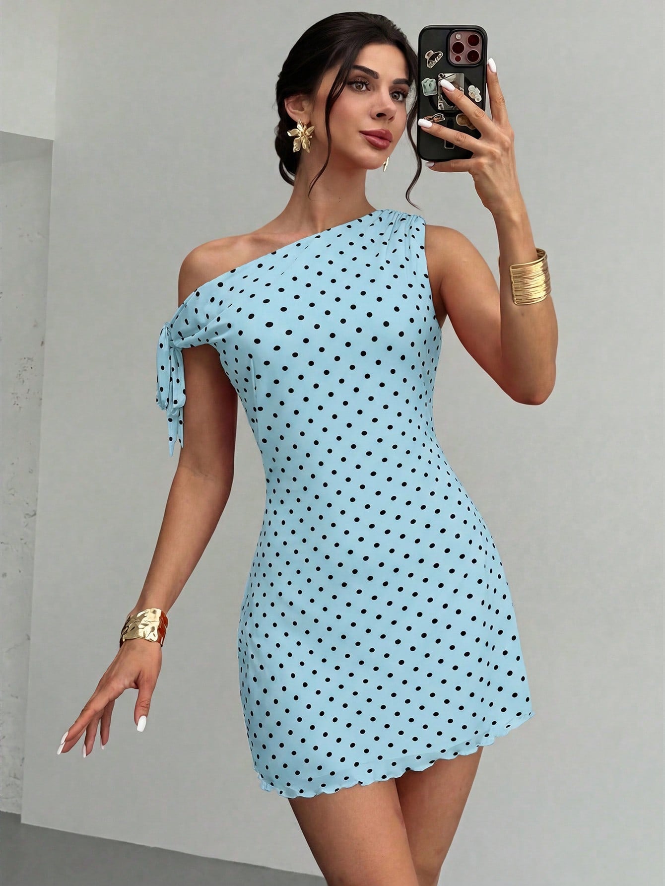 Firerie Women's Blue Polka Dot Summer 90s Retro Tea Party Dress,Asymmetrical Off-Shoulder Mesh Elegant Vacation Mini Dress,Beachwear,Hawaiian,Prom Dress
