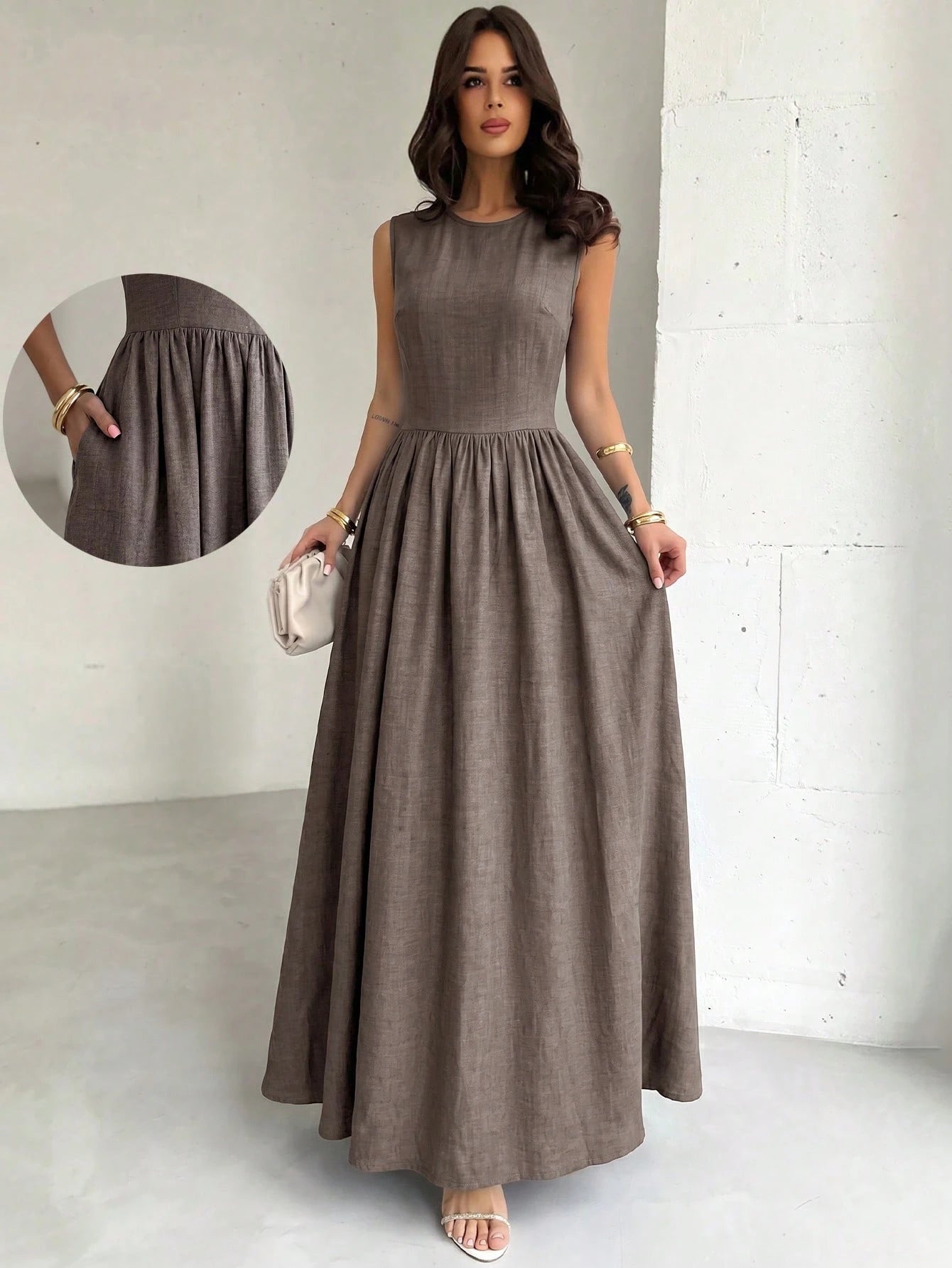 Firerie Women's Coffee Brown Summer Elegant Waist-Cinched A-Line Dress,Tea Party Beach Vacation Wedding Party Concert Back To School Long Dress