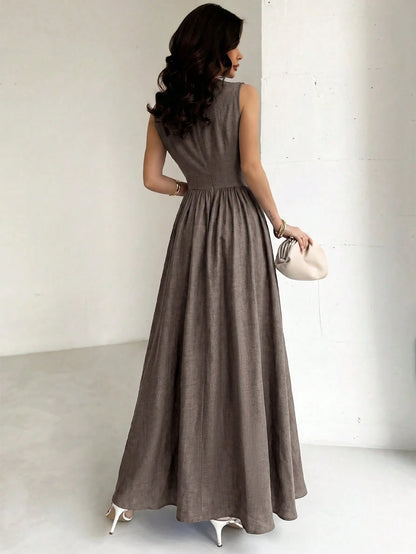 Firerie Women's Coffee Brown Summer Elegant Waist-Cinched A-Line Dress,Tea Party Beach Vacation Wedding Party Concert Back To School Long Dress