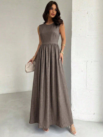 Firerie Women's Coffee Brown Summer Elegant Waist-Cinched A-Line Dress,Tea Party Beach Vacation Wedding Party Concert Back To School Long Dress