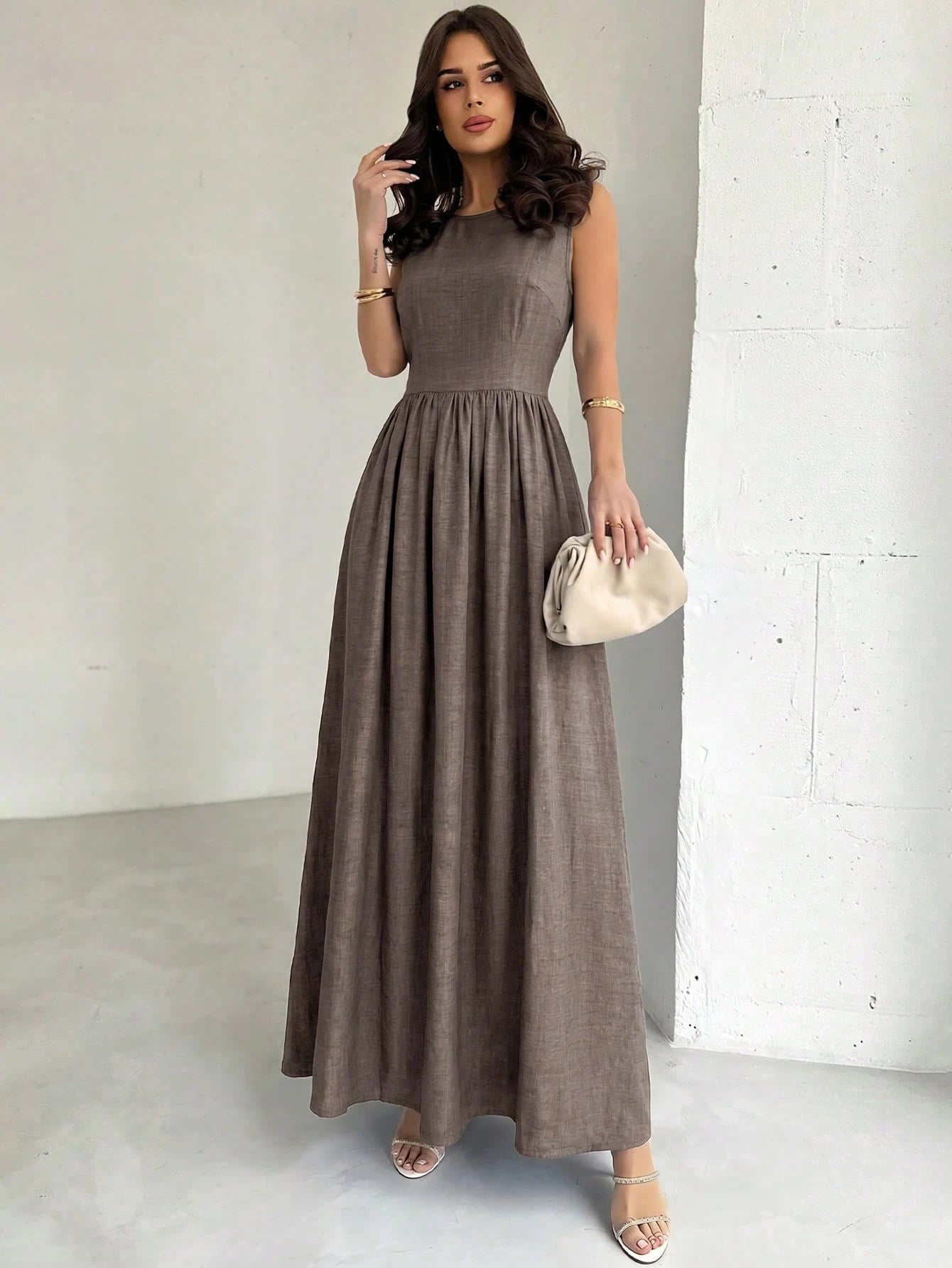 Firerie Women's Coffee Brown Summer Elegant Waist-Cinched A-Line Dress,Tea Party Beach Vacation Wedding Party Concert Back To School Long Dress