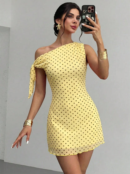 Firerie Women's Cute Polka Dot Yellow Summer Tea Party Mini Dress, Elegant Asymmetrical Off-Shoulder Mesh Retro Vacation Beachwear,Graduation Prom Dress