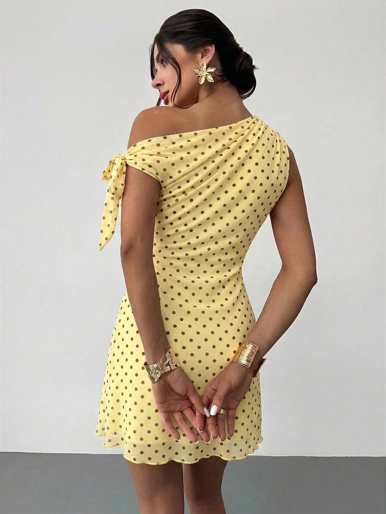 Firerie Women's Cute Polka Dot Yellow Summer Tea Party Mini Dress, Elegant Asymmetrical Off-Shoulder Mesh Retro Vacation Beachwear,Graduation Prom Dress