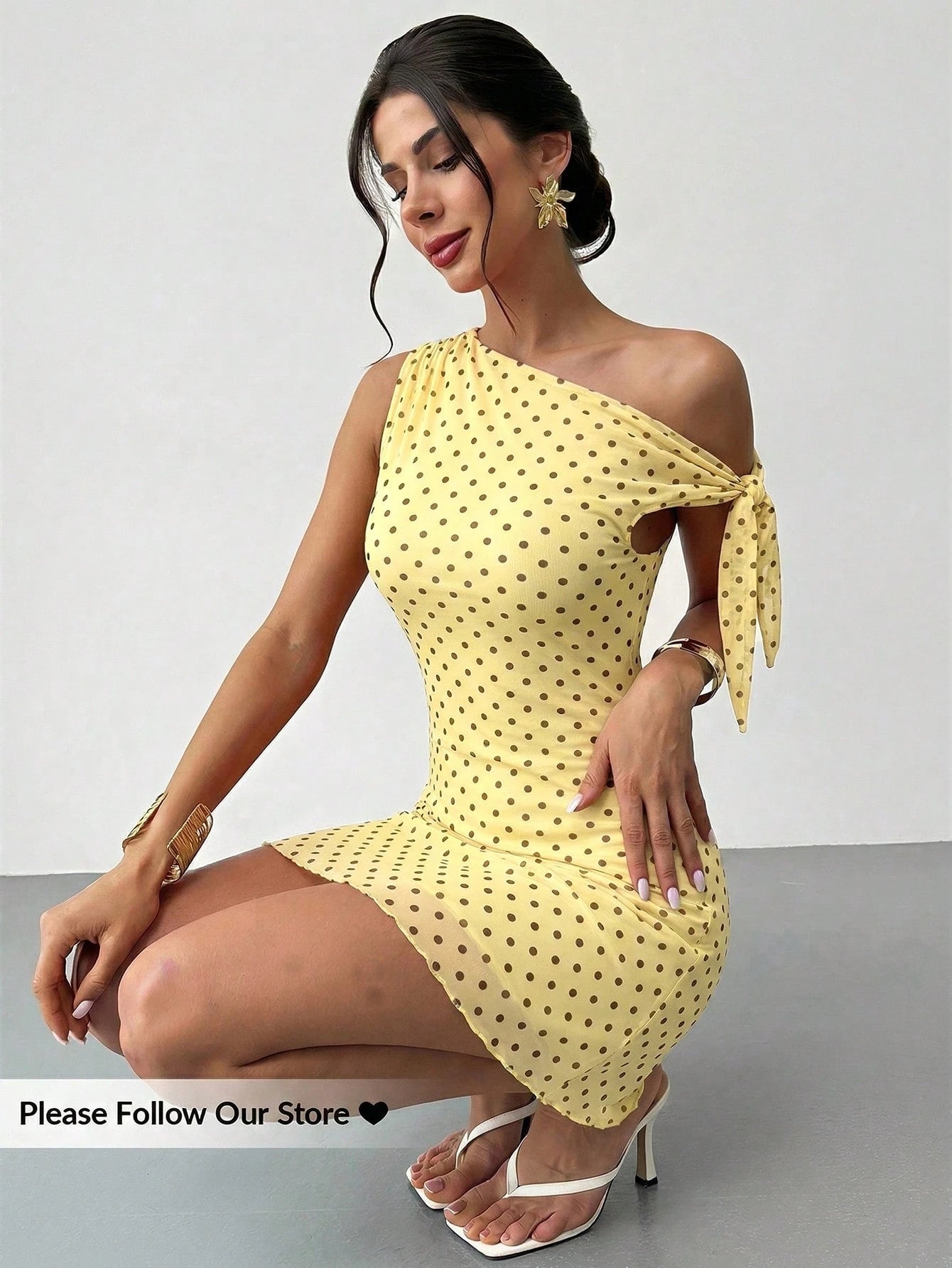 Firerie Women's Cute Polka Dot Yellow Summer Tea Party Mini Dress, Elegant Asymmetrical Off-Shoulder Mesh Retro Vacation Beachwear,Graduation Prom Dress