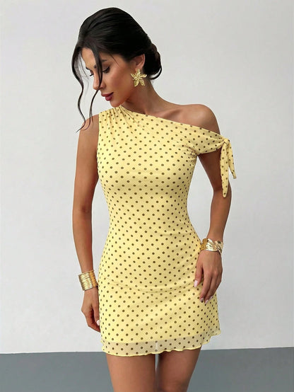 Firerie Women's Cute Polka Dot Yellow Summer Tea Party Mini Dress, Elegant Asymmetrical Off-Shoulder Mesh Retro Vacation Beachwear,Graduation Prom Dress