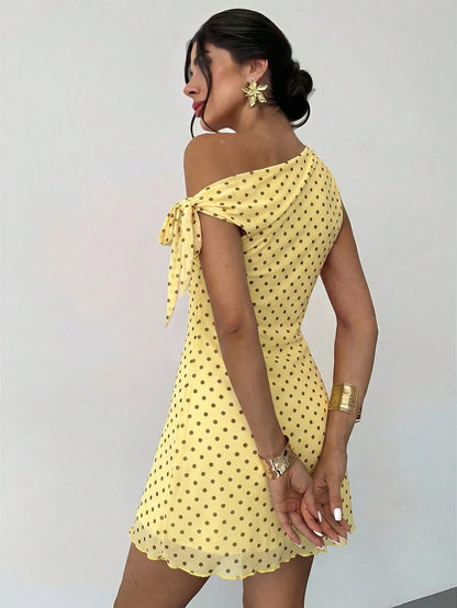 Firerie Women's Cute Polka Dot Yellow Summer Tea Party Mini Dress, Elegant Asymmetrical Off-Shoulder Mesh Retro Vacation Beachwear,Graduation Prom Dress