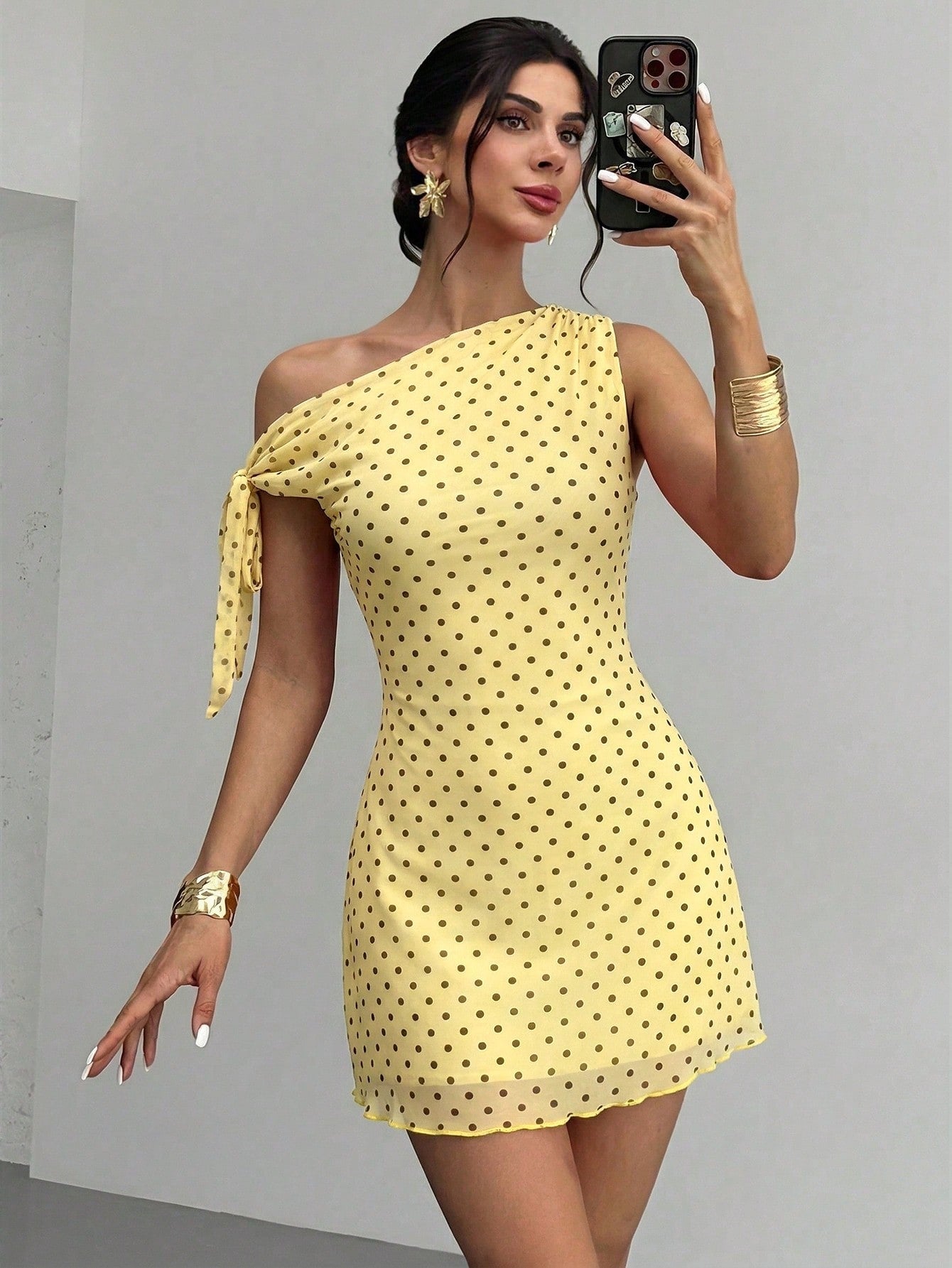 Firerie Women's Cute Polka Dot Yellow Summer Tea Party Mini Dress, Elegant Asymmetrical Off-Shoulder Mesh Retro Vacation Beachwear,Graduation Prom Dress