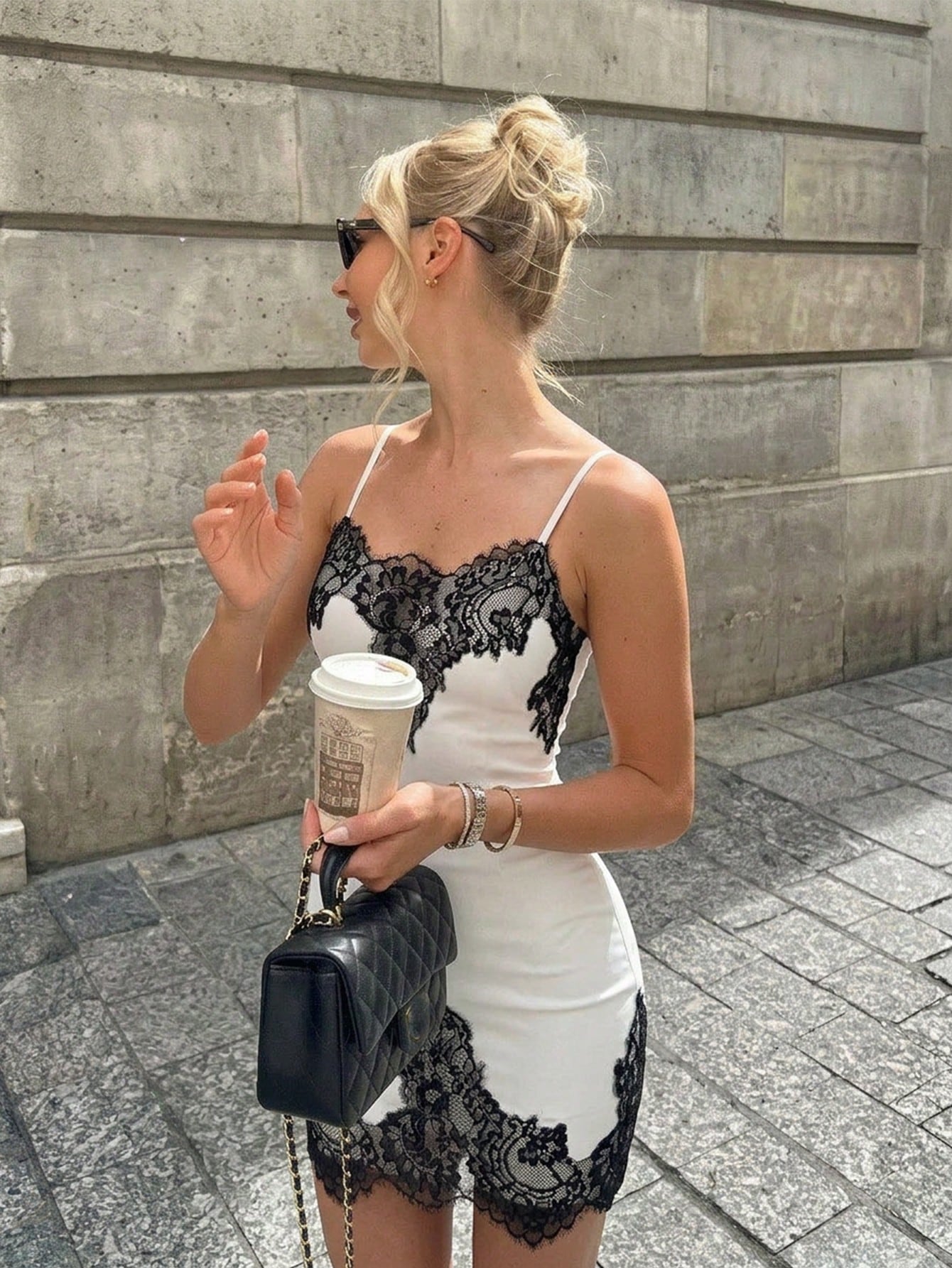 Firerie Women's Elegant Romantic Delicate New Fashion Daily, Date, Commute, Vacation, Wedding Guest, Party, Music Festival Lace Patchwork Contrast Color Spaghetti Strap Bodycon Mini Dress