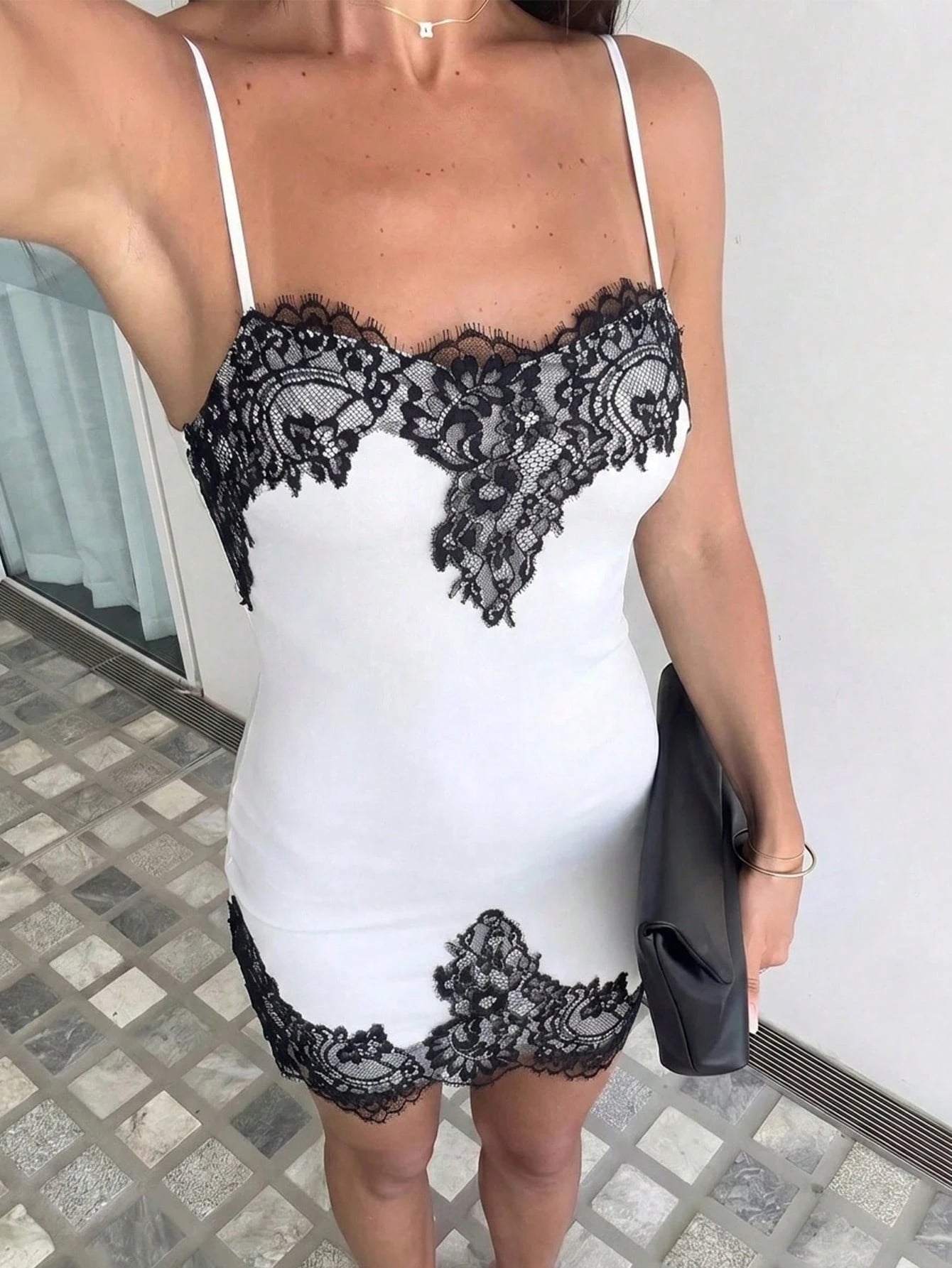 Firerie Women's Elegant Romantic Delicate New Fashion Daily, Date, Commute, Vacation, Wedding Guest, Party, Music Festival Lace Patchwork Contrast Color Spaghetti Strap Bodycon Mini Dress