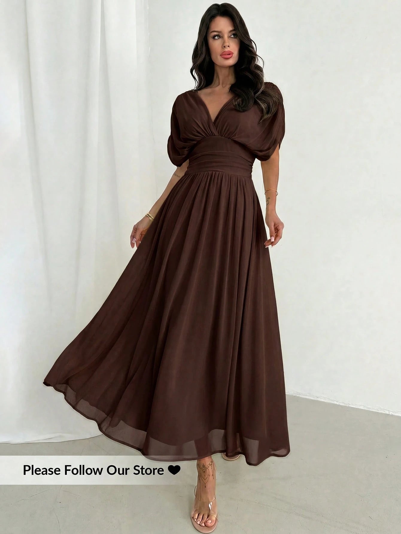 Firerie Women's Elegant Summer Dark Brown Crossover Pleated Batwing Sleeve Ruffle Hem Dress,Suitable For Dining,Annual Meetings,Festivals & Formal Party Dress