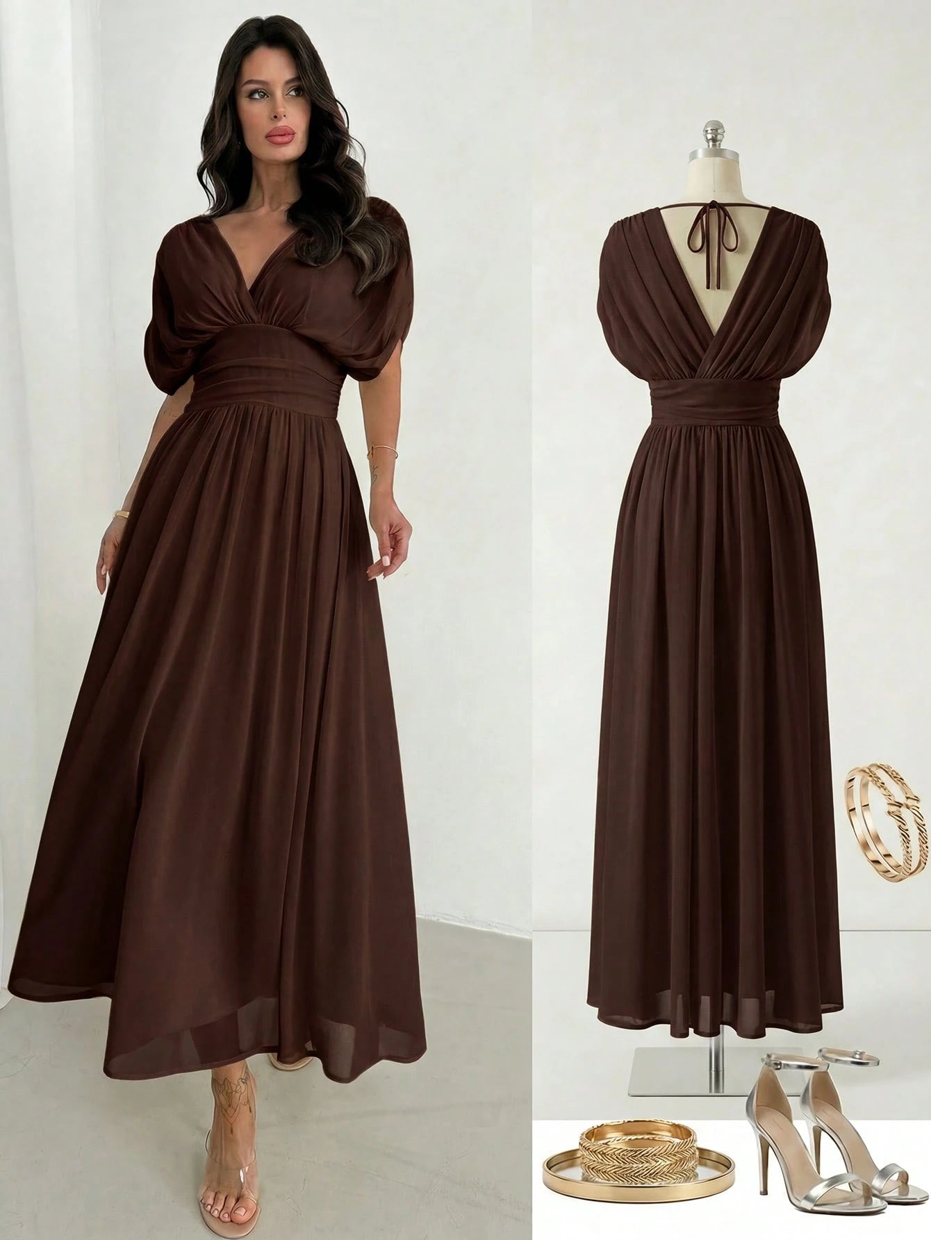 Firerie Women's Elegant Summer Dark Brown Crossover Pleated Batwing Sleeve Ruffle Hem Dress,Suitable For Dining,Annual Meetings,Festivals & Formal Party Dress