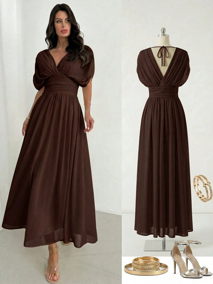 Firerie Women's Elegant Summer Dark Brown Crossover Pleated Batwing Sleeve Ruffle Hem Dress,Suitable For Dining,Annual Meetings,Festivals & Formal Party Dress