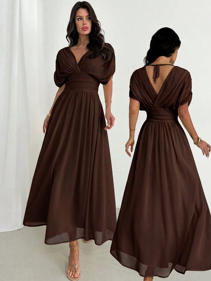 Firerie Women's Elegant Summer Dark Brown Crossover Pleated Batwing Sleeve Ruffle Hem Dress,Suitable For Dining,Annual Meetings,Festivals & Formal Party Dress