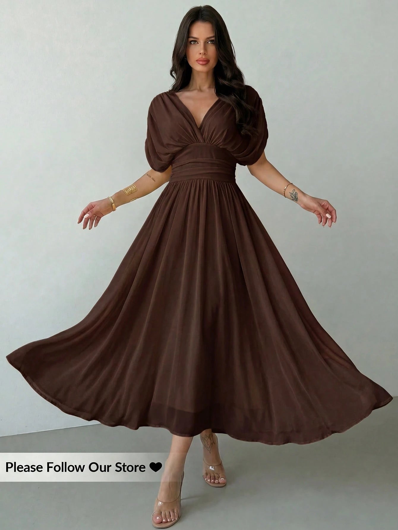 Firerie Women's Elegant Summer Dark Brown Crossover Pleated Batwing Sleeve Ruffle Hem Dress,Suitable For Dining,Annual Meetings,Festivals & Formal Party Dress