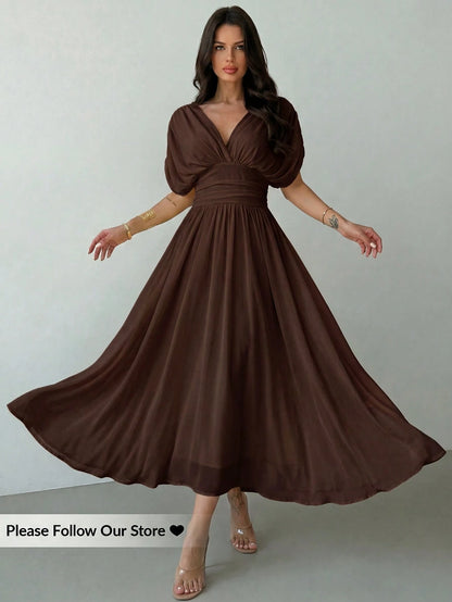Firerie Women's Elegant Summer Dark Brown Crossover Pleated Batwing Sleeve Ruffle Hem Dress,Suitable For Dining,Annual Meetings,Festivals & Formal Party Dress