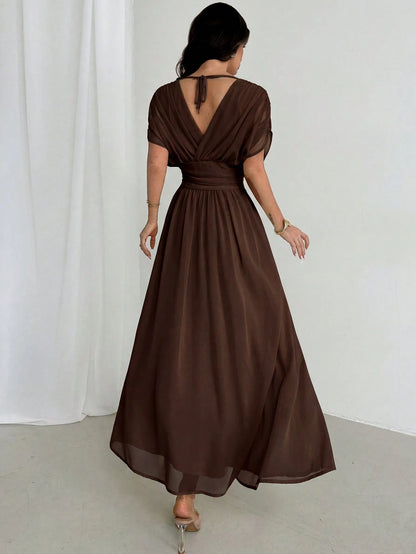 Firerie Women's Elegant Summer Dark Brown Crossover Pleated Batwing Sleeve Ruffle Hem Dress,Suitable For Dining,Annual Meetings,Festivals & Formal Party Dress