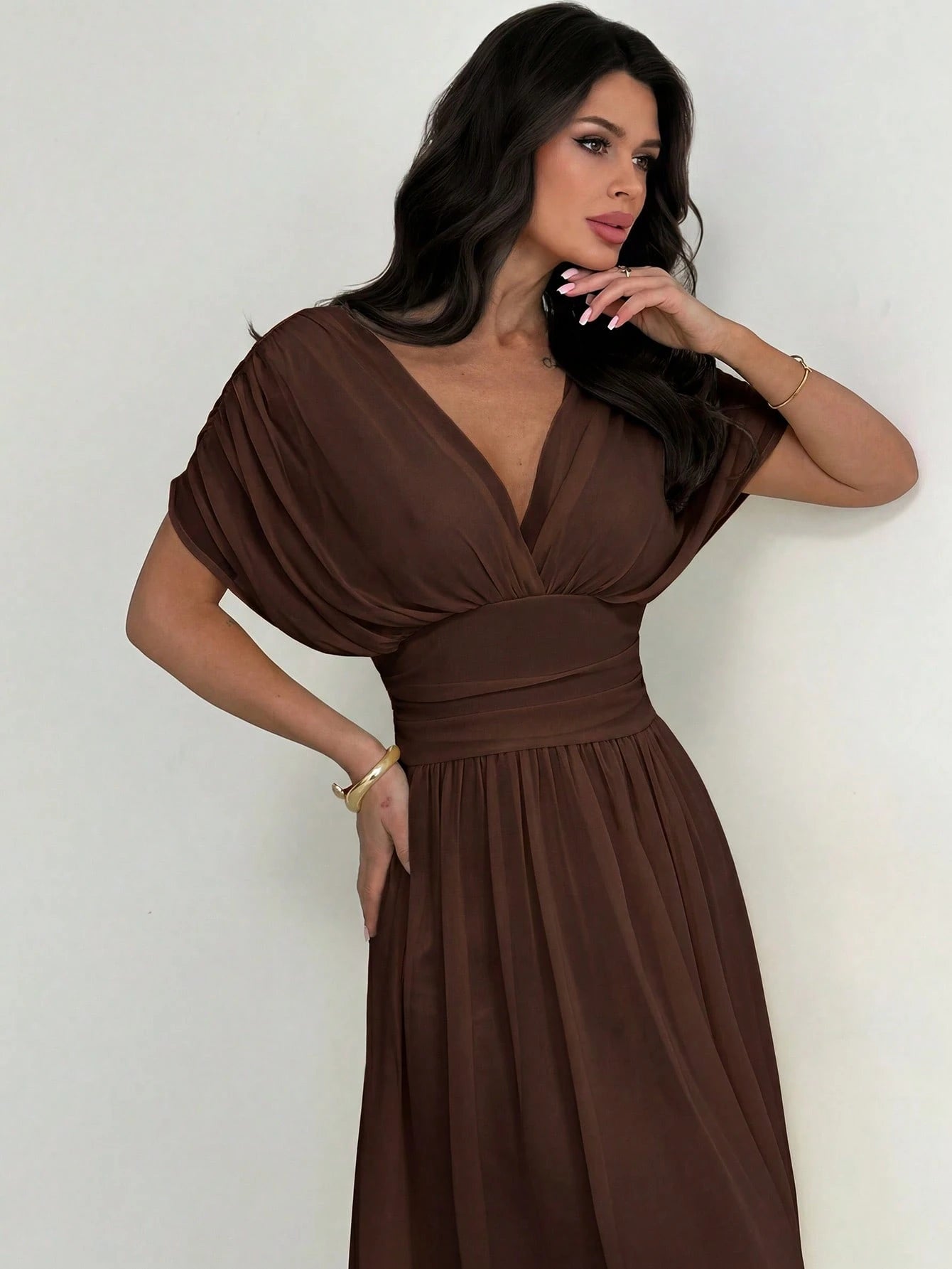 Firerie Women's Elegant Summer Dark Brown Crossover Pleated Batwing Sleeve Ruffle Hem Dress,Suitable For Dining,Annual Meetings,Festivals & Formal Party Dress