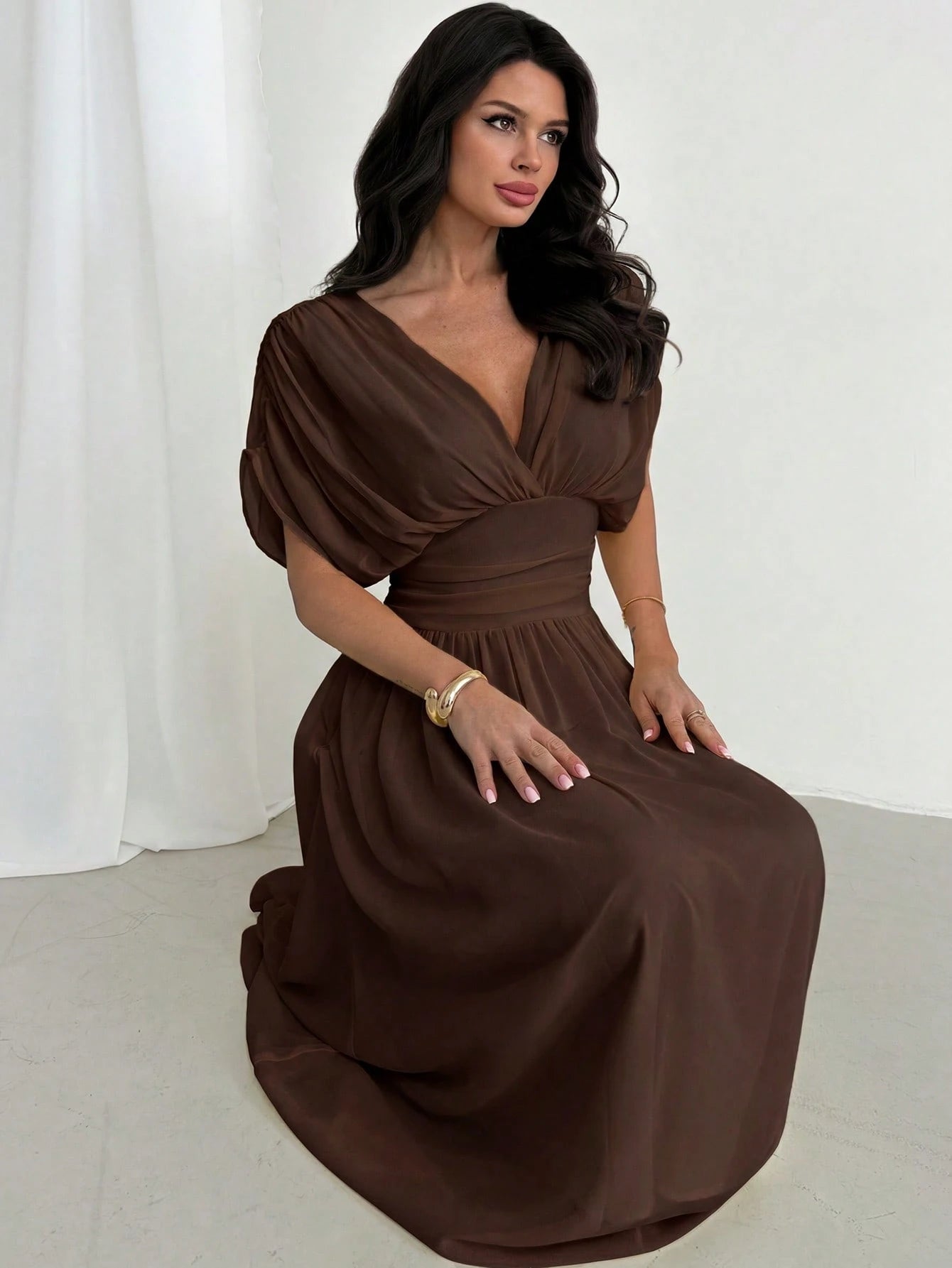 Firerie Women's Elegant Summer Dark Brown Crossover Pleated Batwing Sleeve Ruffle Hem Dress,Suitable For Dining,Annual Meetings,Festivals & Formal Party Dress