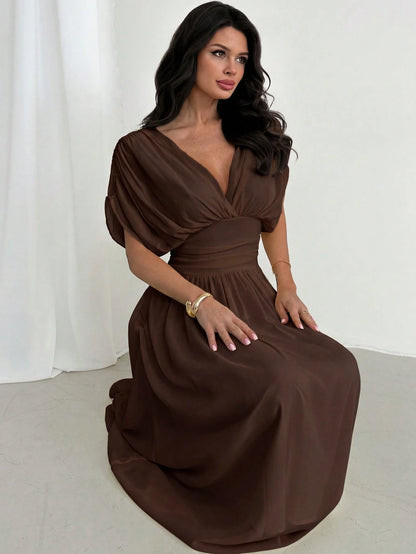 Firerie Women's Elegant Summer Dark Brown Crossover Pleated Batwing Sleeve Ruffle Hem Dress,Suitable For Dining,Annual Meetings,Festivals & Formal Party Dress
