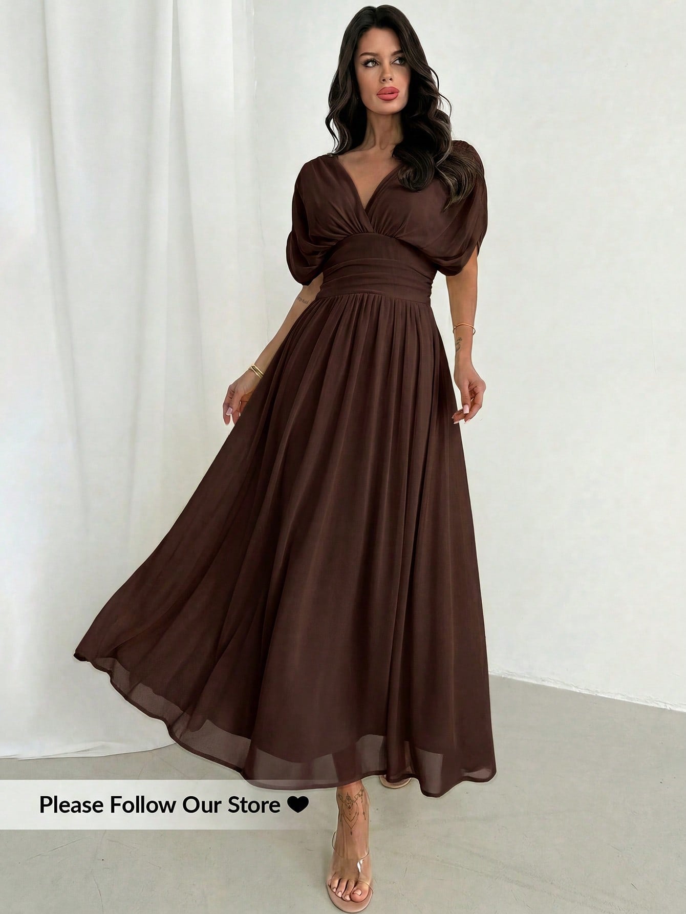 Firerie Women's Elegant Summer Dark Brown Crossover Pleated Batwing Sleeve Ruffle Hem Dress,Suitable For Dining,Annual Meetings,Festivals & Formal Party Dress
