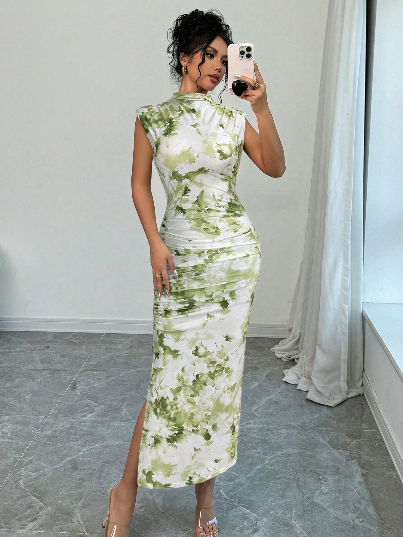 Firerie Women's Floral Print Stand Collar Fitted Pleated Waist Midi Dress