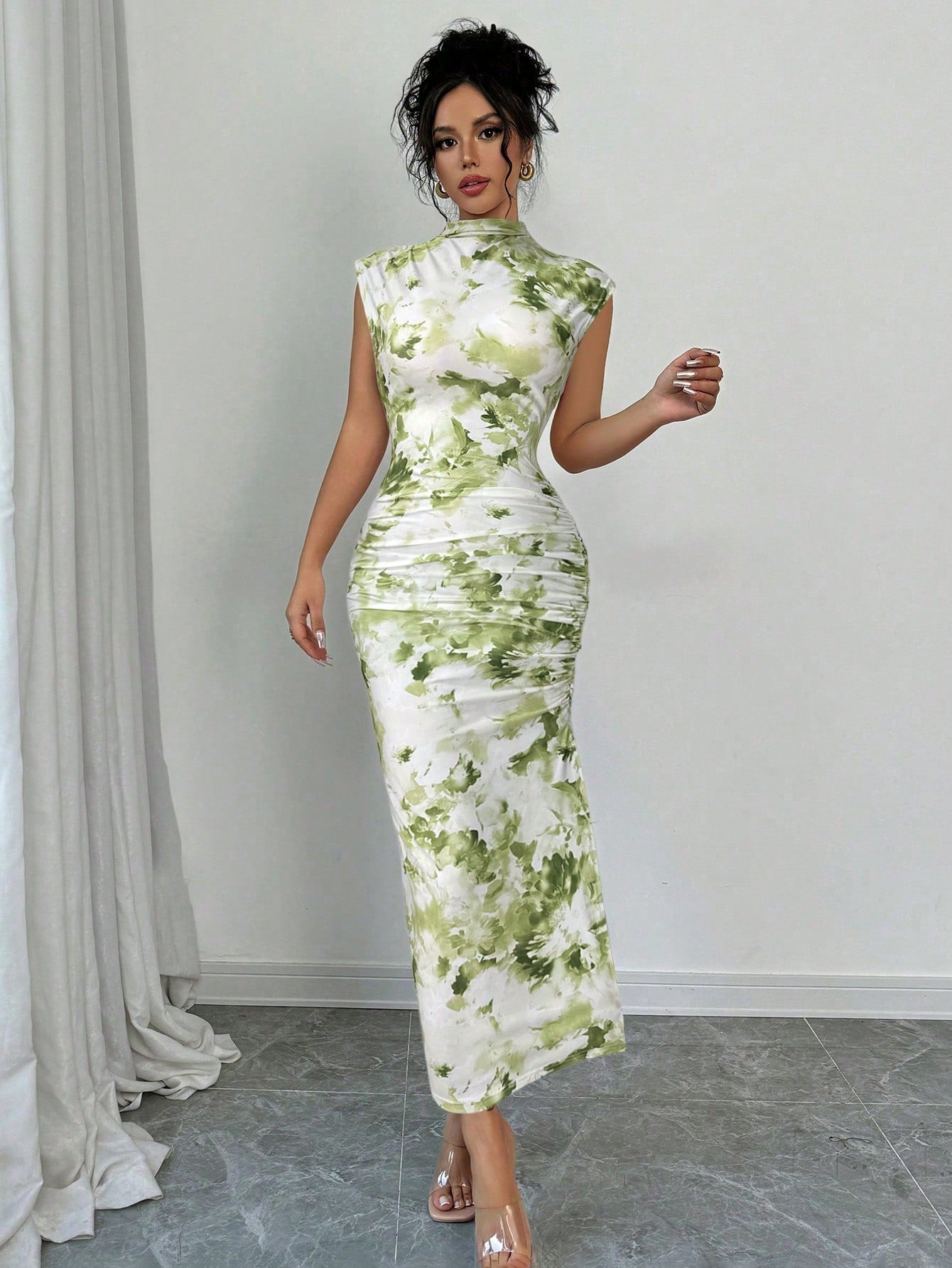 Firerie Women's Floral Print Stand Collar Fitted Pleated Waist Midi Dress