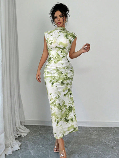 Firerie Women's Floral Print Stand Collar Fitted Pleated Waist Midi Dress