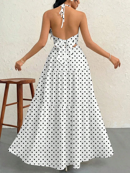 Firerie Women's French Elegant Tropical Sexy Vintage White And Black Polka Dot Dress, Minimalist Summer Boat Trip Vacation Holiday Beach Street Style
