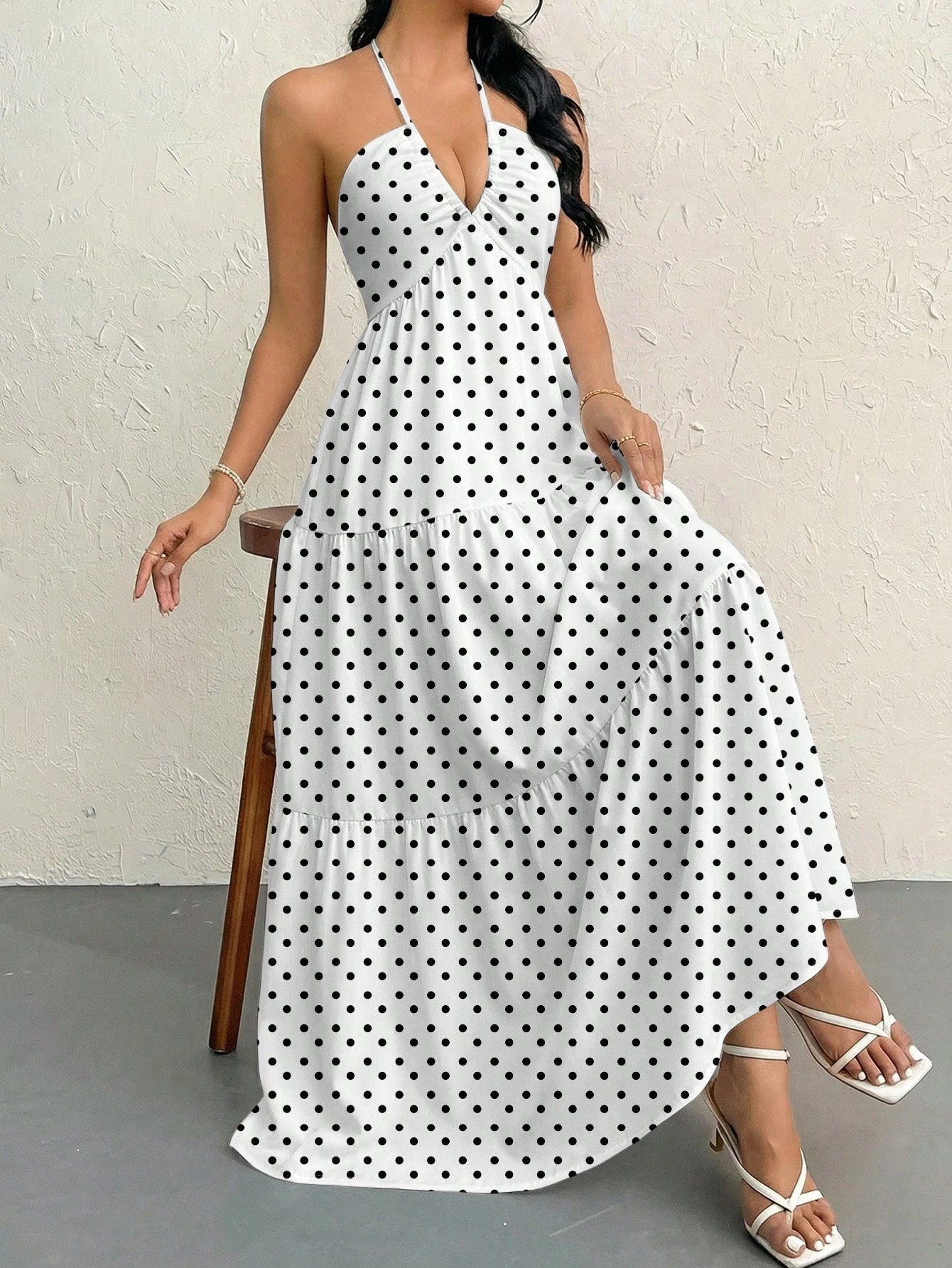 Firerie Women's French Elegant Tropical Sexy Vintage White And Black Polka Dot Dress, Minimalist Summer Boat Trip Vacation Holiday Beach Street Style
