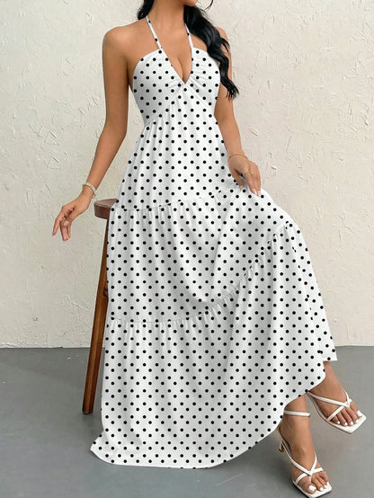 Firerie Women's French Elegant Tropical Sexy Vintage White And Black Polka Dot Dress, Minimalist Summer Boat Trip Vacation Holiday Beach Street Style