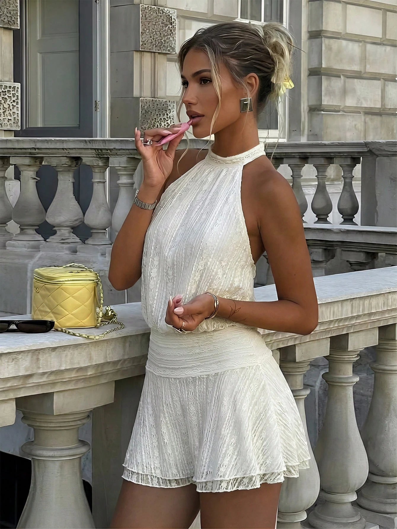 Firerie Women's New Apricot Knit Jacquard Backless Halter Neck Mini Dress, Wedding Banquet Bridesmaid, Commute, Bohemian, Wedding Season, Graduation Prom, Cocktail Dress