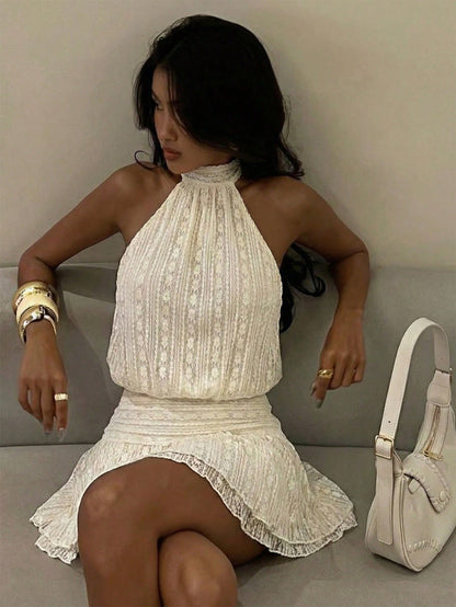 Firerie Women's New Apricot Knit Jacquard Backless Halter Neck Mini Dress, Wedding Banquet Bridesmaid, Commute, Bohemian, Wedding Season, Graduation Prom, Cocktail Dress