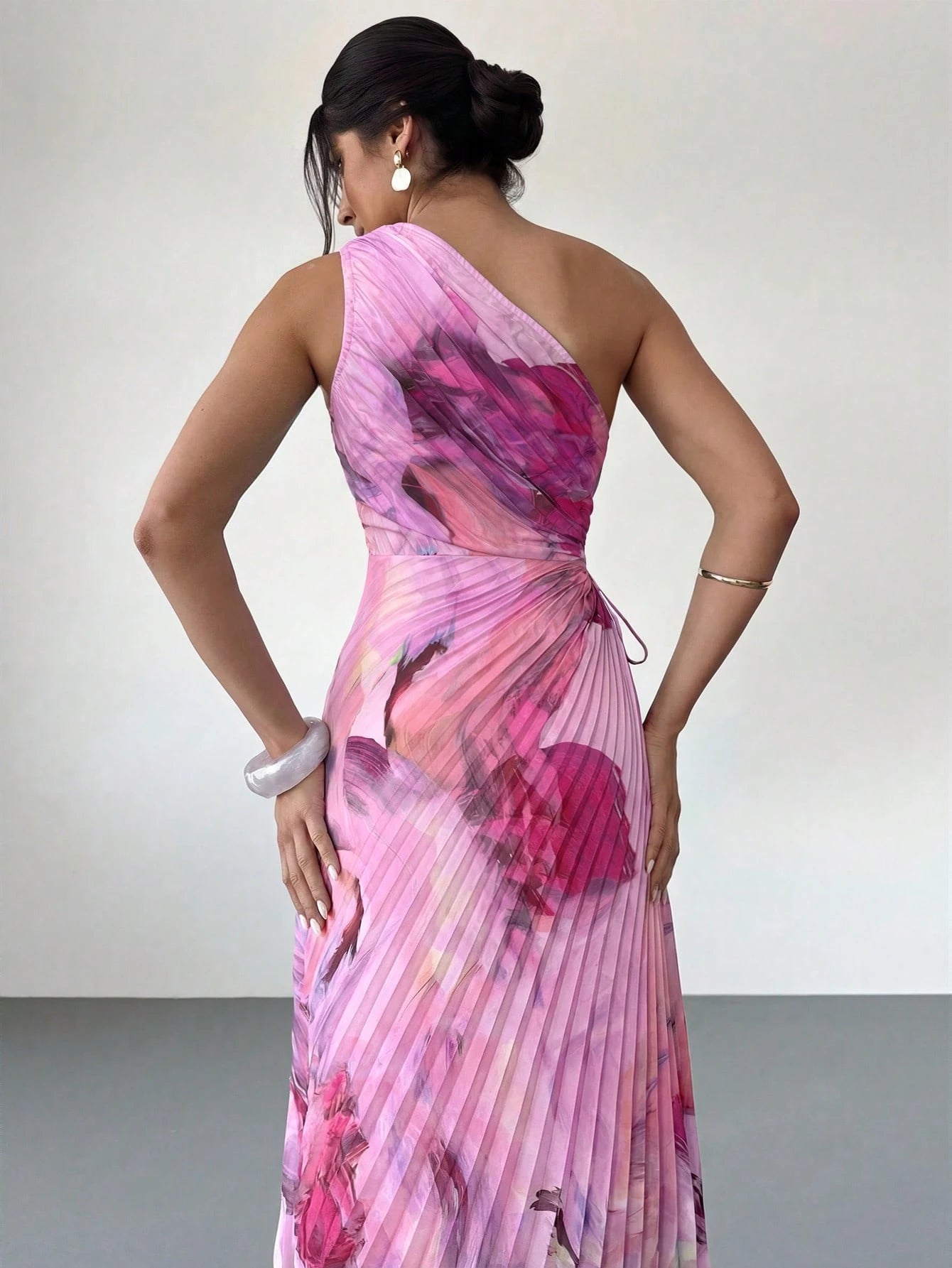 Firerie Women's New Elegant Date Asymmetric Tie-Dye Print Waist Hollow Ruffle Hem One-Shoulder Dress, Summer Soft Color Beach Outfit