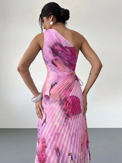 Firerie Women's New Elegant Date Asymmetric Tie-Dye Print Waist Hollow Ruffle Hem One-Shoulder Dress, Summer Soft Color Beach Outfit