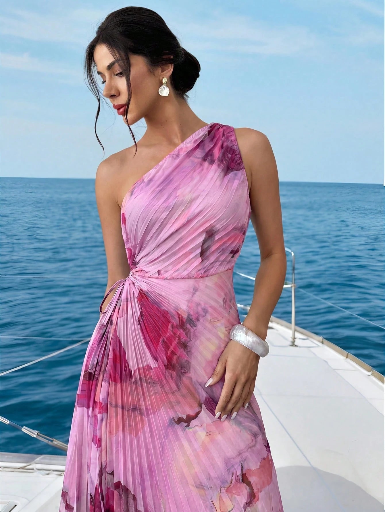Firerie Women's New Elegant Date Asymmetric Tie-Dye Print Waist Hollow Ruffle Hem One-Shoulder Dress, Summer Soft Color Beach Outfit