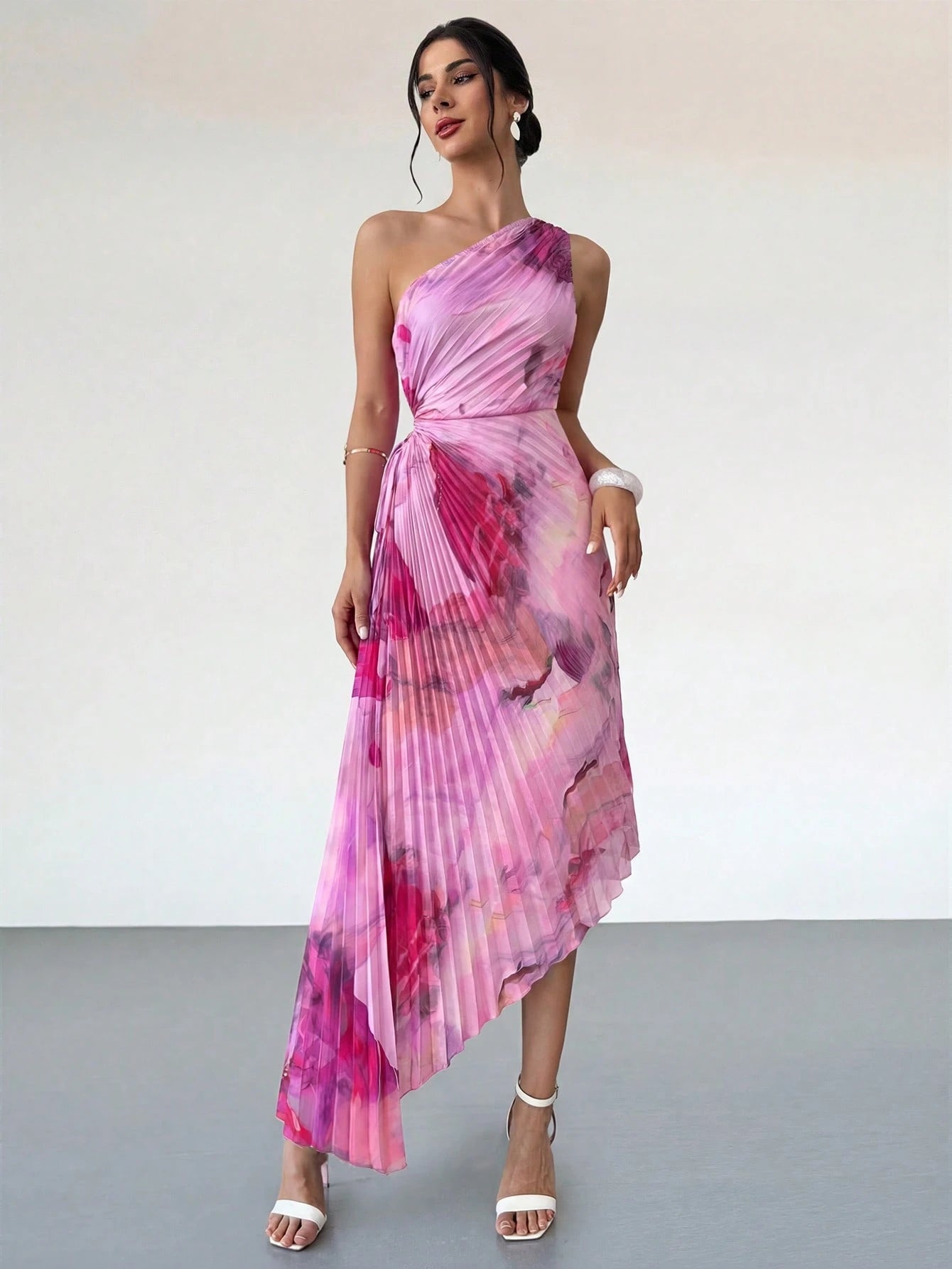 Firerie Women's New Elegant Date Asymmetric Tie-Dye Print Waist Hollow Ruffle Hem One-Shoulder Dress, Summer Soft Color Beach Outfit