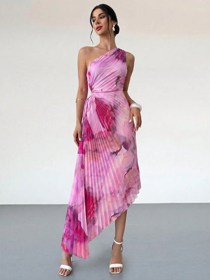 Firerie Women's New Elegant Date Asymmetric Tie-Dye Print Waist Hollow Ruffle Hem One-Shoulder Dress, Summer Soft Color Beach Outfit