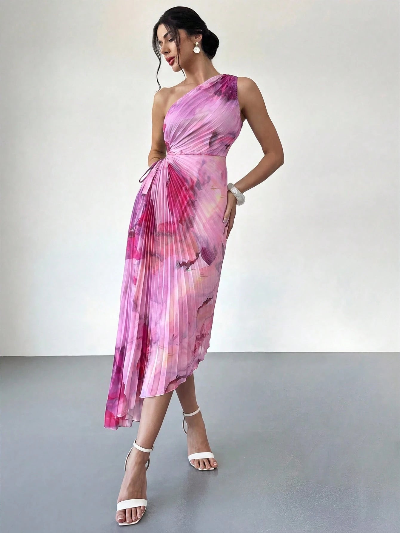 Firerie Women's New Elegant Date Asymmetric Tie-Dye Print Waist Hollow Ruffle Hem One-Shoulder Dress, Summer Soft Color Beach Outfit