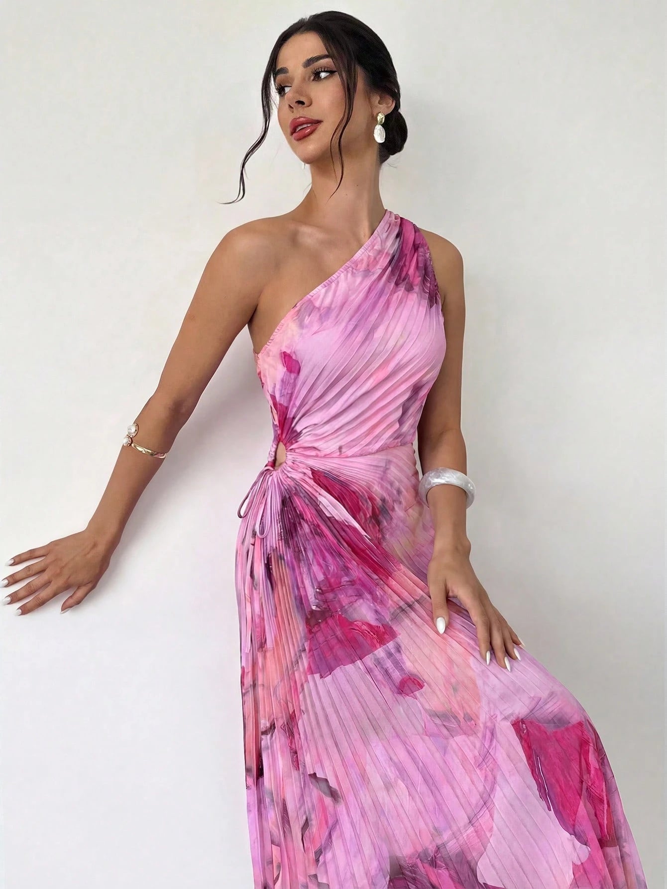 Firerie Women's New Elegant Date Asymmetric Tie-Dye Print Waist Hollow Ruffle Hem One-Shoulder Dress, Summer Soft Color Beach Outfit