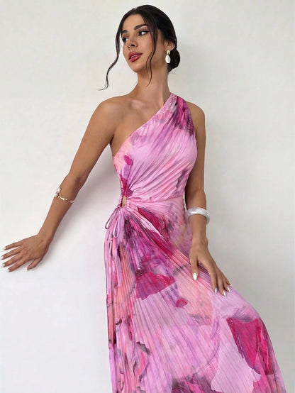 Firerie Women's New Elegant Date Asymmetric Tie-Dye Print Waist Hollow Ruffle Hem One-Shoulder Dress, Summer Soft Color Beach Outfit