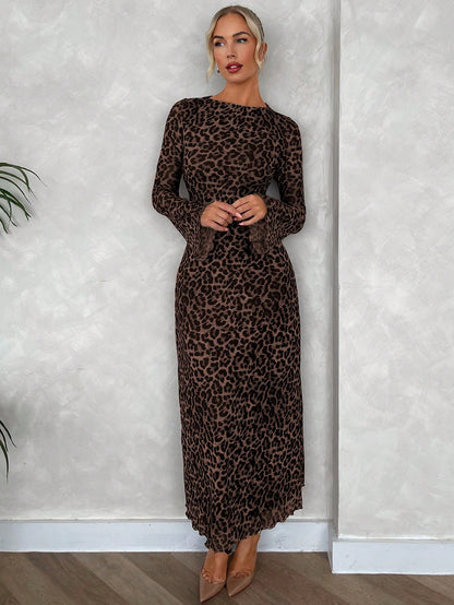 Firerie Women's Seductive Elegant Leopard Print Mesh Flare Sleeve A-Line Long Dress,Brown Checkered Winter Date Night Out Casual Minimalist Party Resort Wear