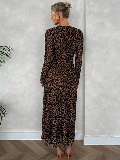 Firerie Women's Seductive Elegant Leopard Print Mesh Flare Sleeve A-Line Long Dress,Brown Checkered Winter Date Night Out Casual Minimalist Party Resort Wear