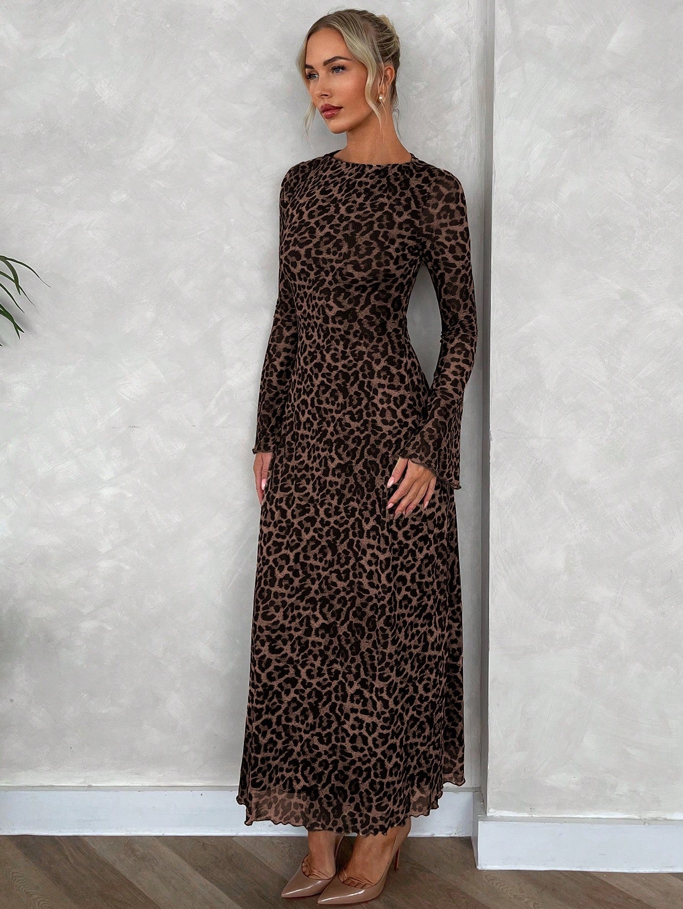 Firerie Women's Seductive Elegant Leopard Print Mesh Flare Sleeve A-Line Long Dress,Brown Checkered Winter Date Night Out Casual Minimalist Party Resort Wear