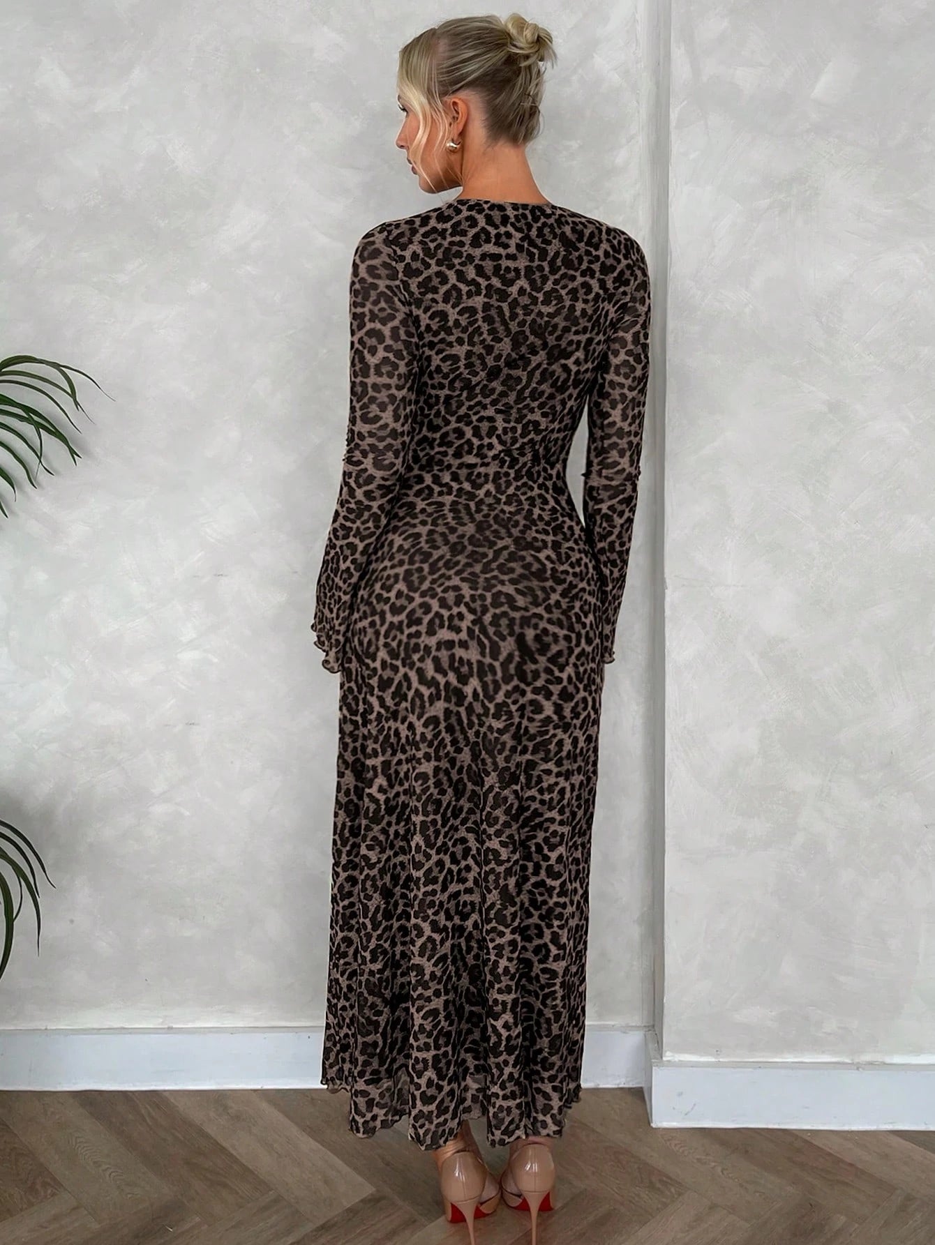 Firerie Women's Seductive Elegant Leopard Print Mesh Flare Sleeve A-Line Long Dress,Brown Checkered Winter Date Night Out Casual Minimalist Party Resort Wear