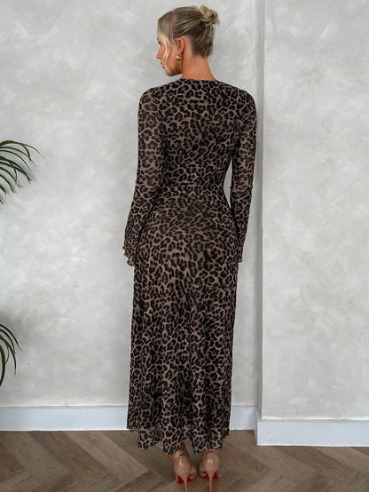 Firerie Women's Seductive Elegant Leopard Print Mesh Flare Sleeve A-Line Long Dress,Brown Checkered Winter Date Night Out Casual Minimalist Party Resort Wear