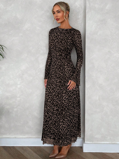 Firerie Women's Seductive Elegant Leopard Print Mesh Flare Sleeve A-Line Long Dress,Brown Checkered Winter Date Night Out Casual Minimalist Party Resort Wear