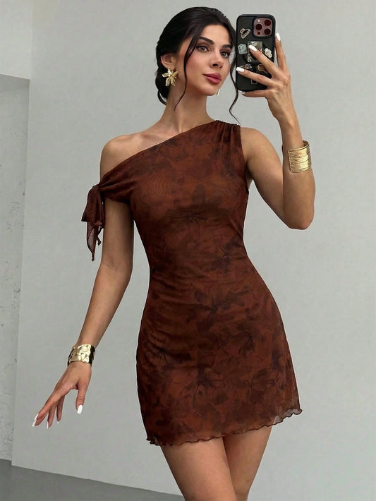 Firerie Women's Summer Floral Asymmetrical Shoulder Elegant Flowy Sexy Vacation Mini Dress Mesh Night Out Club Cocktail Party Outfit Brown Floral